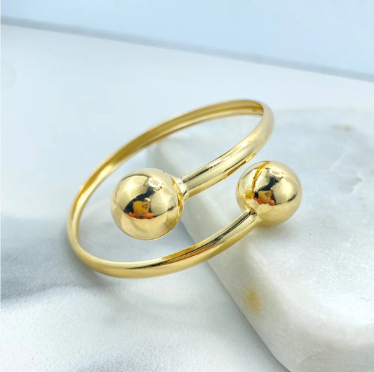 18k Gold Filled Wrist Cuff Bangle Bracelet with Polished Two Balls