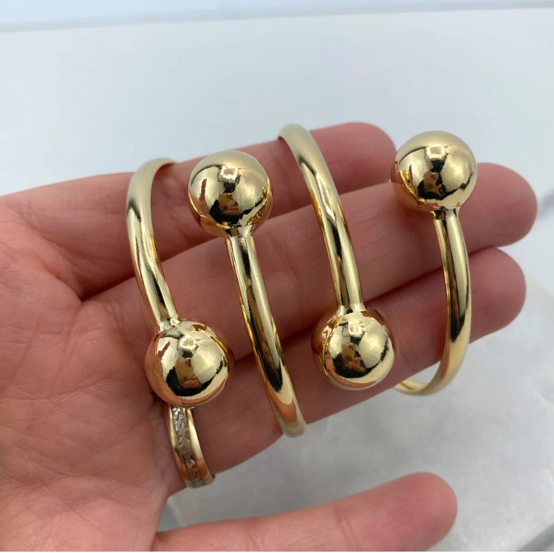 18k Gold Filled Wrist Cuff Bangle Bracelet with Polished Two Balls