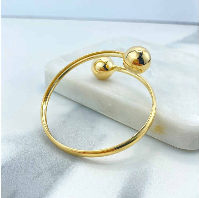 18k Gold Filled Wrist Cuff Bangle Bracelet with Polished Two Balls