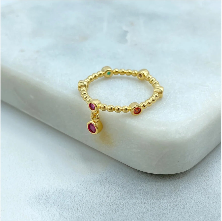 Beaded CZ Charm Stackable Ring  18K Gold Filled – Multicolor CZ with Pink Dangle Charm