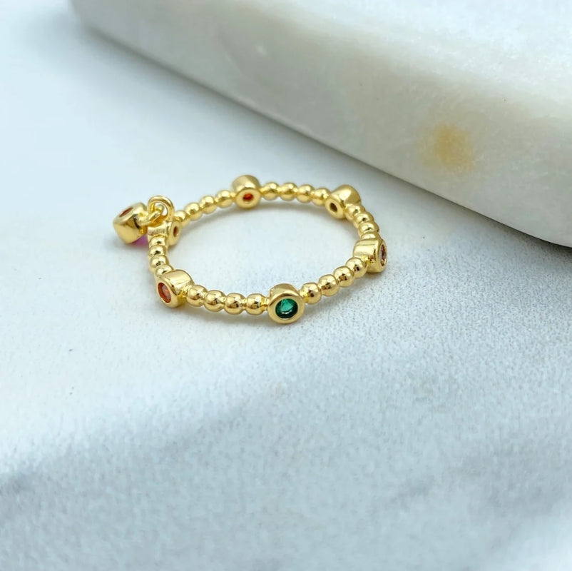 Beaded CZ Charm Stackable Ring  18K Gold Filled – Multicolor CZ with Pink Dangle Charm