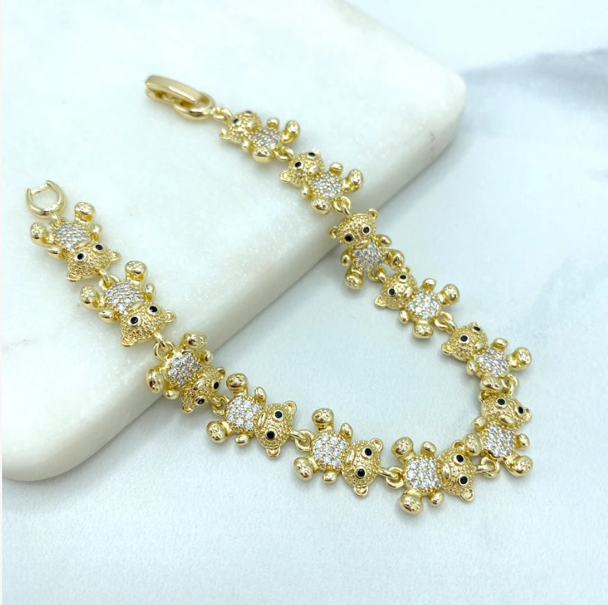 18K Gold Filled Linked Puffed Teddy Bears Bracelet – Clear & Black Micro Pave