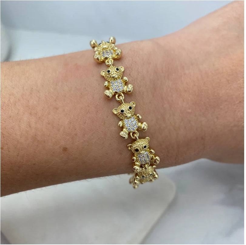 18K Gold Filled Linked Puffed Teddy Bears Bracelet – Clear & Black Micro Pave