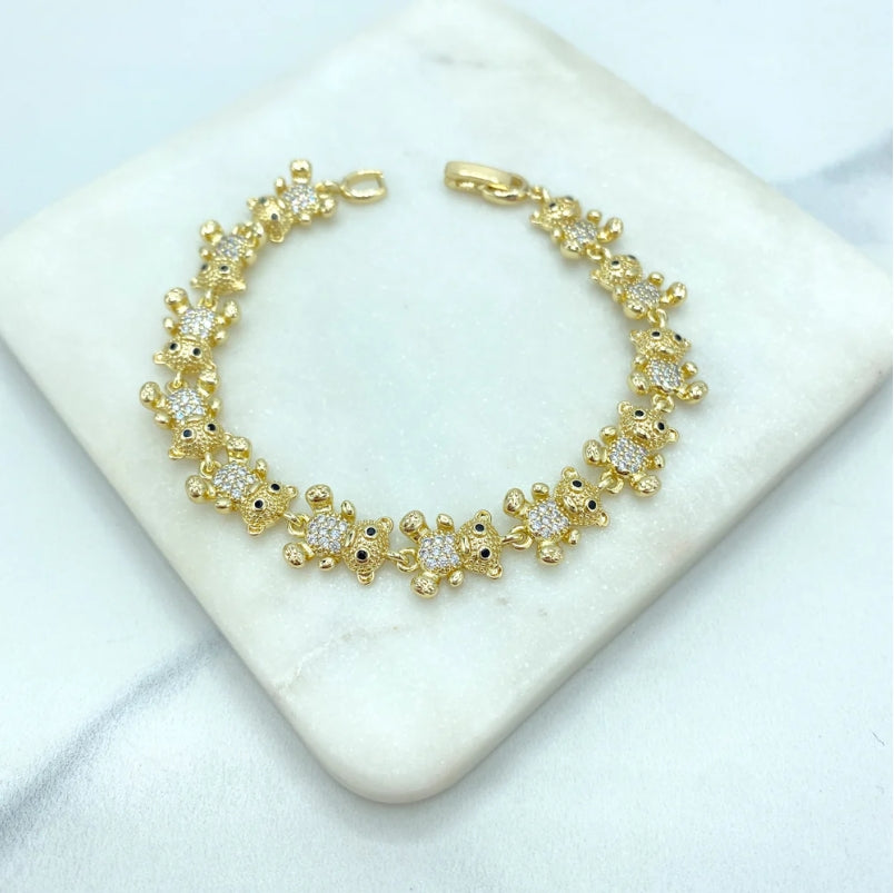 18K Gold Filled Linked Puffed Teddy Bears Bracelet – Clear & Black Micro Pave
