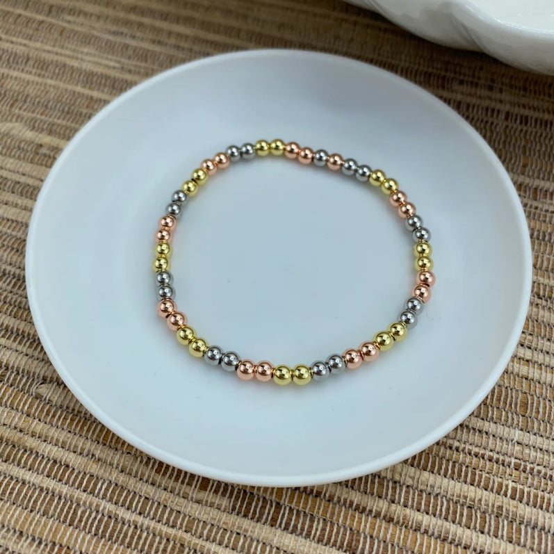 18K Gold Filled Three Tone 4mm Beads Stackable Elastic Bracelet