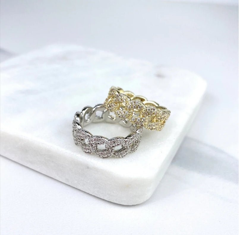 18K Gold Filled Micro CZ Linked Chain Ring | Cuban Link Band