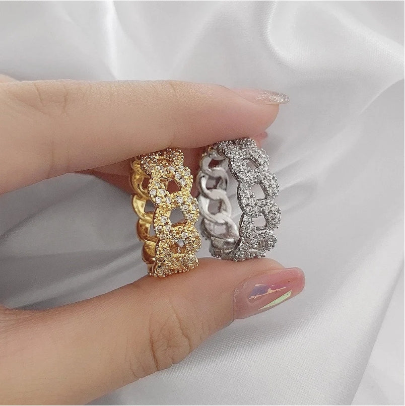 18K Gold Filled Micro CZ Linked Chain Ring | Cuban Link Band