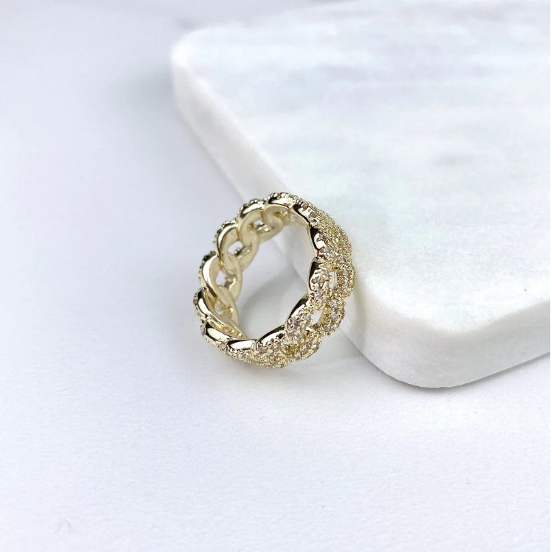 18K Gold Filled Micro CZ Linked Chain Ring | Cuban Link Band