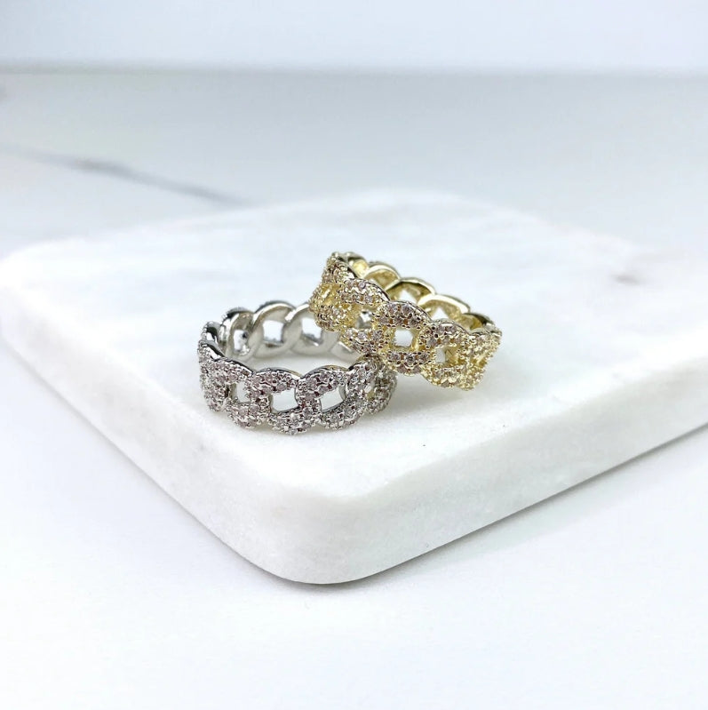 18K Gold Filled Micro CZ Linked Chain Ring | Cuban Link Band
