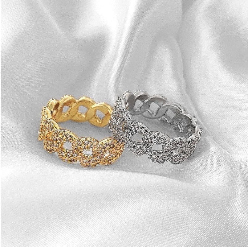18K Gold Filled Micro CZ Linked Chain Ring | Cuban Link Band