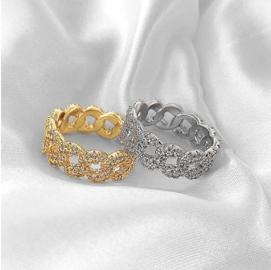 18K Gold Filled Micro CZ Linked Chain Ring | Cuban Link Band