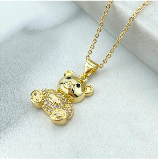 Teddy Bear Charm Jewelry Set  18K Gold Filled – Necklace & Huggie Earrings with Micro CZ