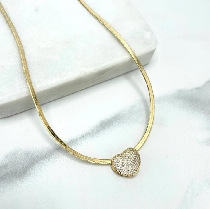 18k Gold Filled 2mm Snake Chain Necklace & Bracelet Set with Clear Micro CZ
