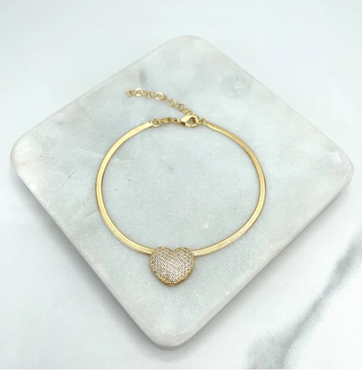 18k Gold Filled 2mm Snake Chain Necklace & Bracelet Set with Clear Micro CZ