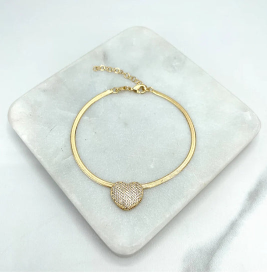 18k Gold Filled 2mm Snake Chain Necklace & Bracelet Set with Clear Micro CZ
