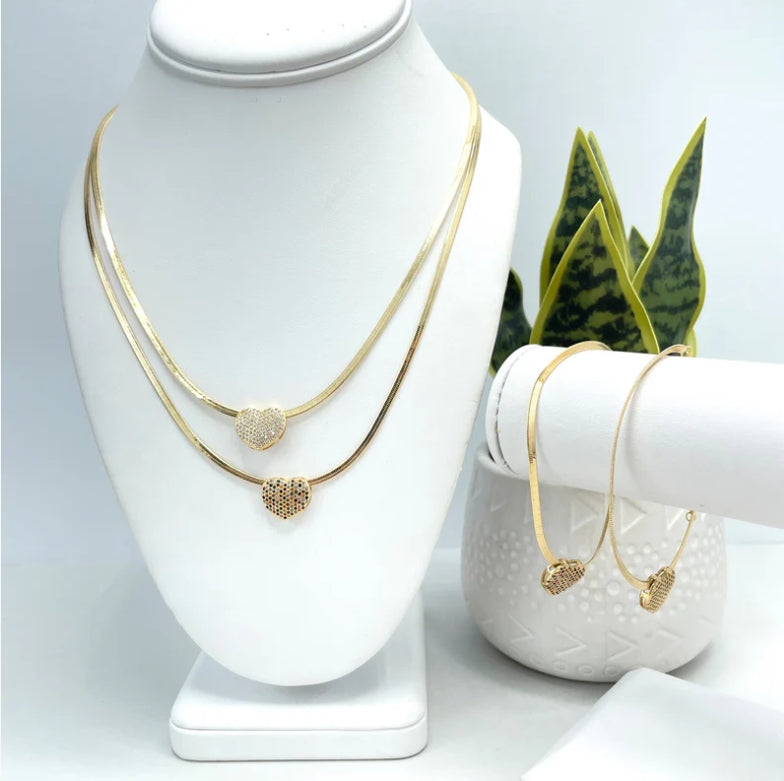 18k Gold Filled 2mm Snake Chain Necklace & Bracelet Set with Clear Micro CZ