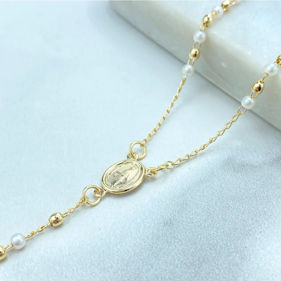 18K Gold Filled Simulated Pearl & Gold Beads Miraculous Virgin Catholic Rosary