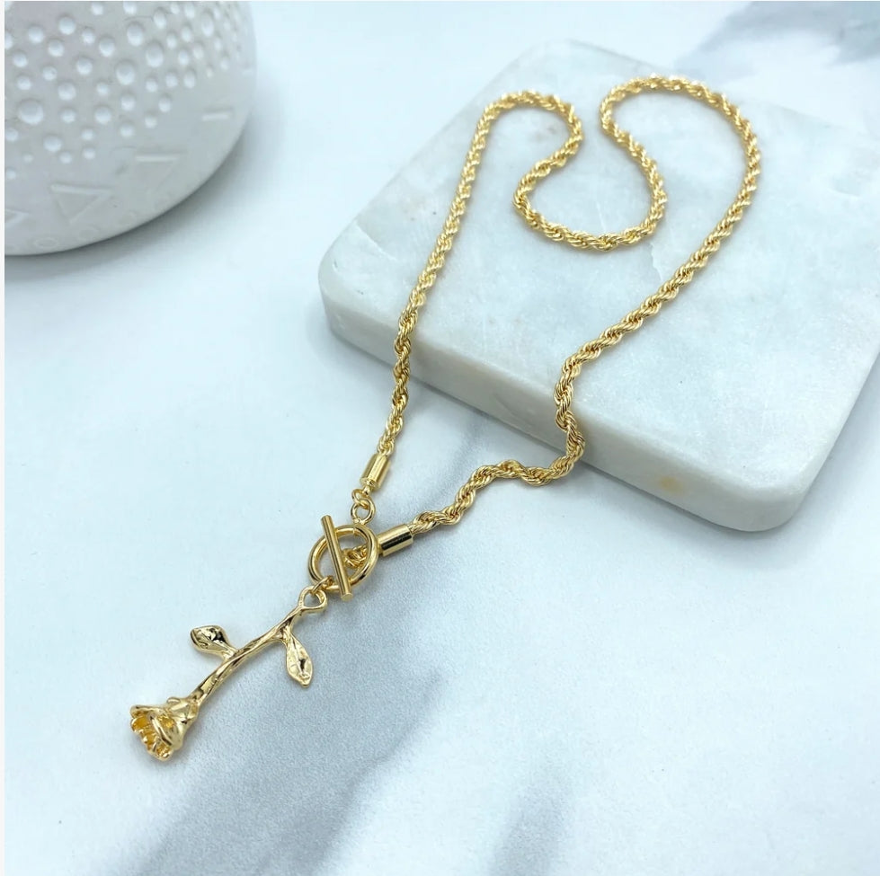 18K Gold Filled 2mm Rope Chain Necklace with Toggle Rose Closure