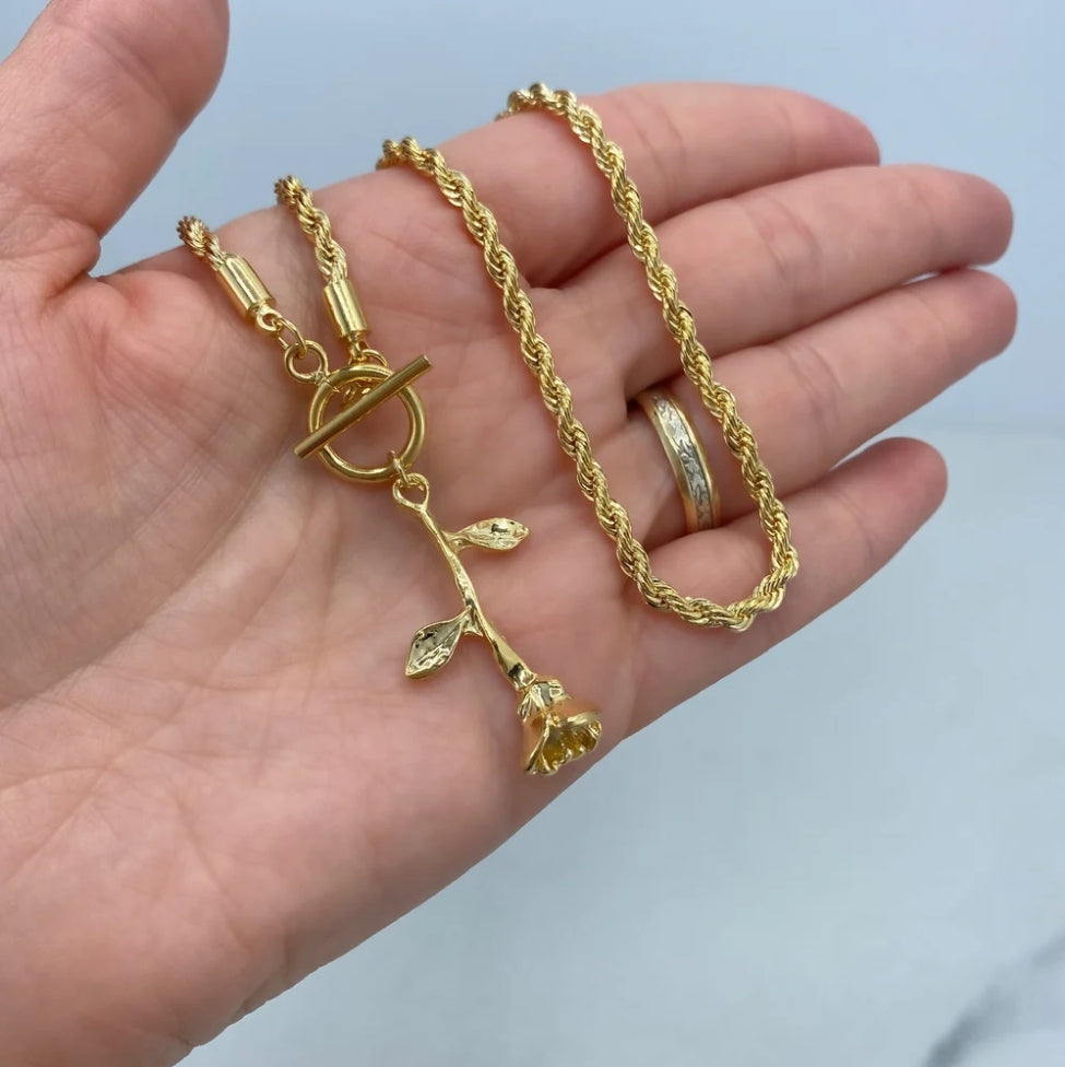 18K Gold Filled 2mm Rope Chain Necklace with Toggle Rose Closure