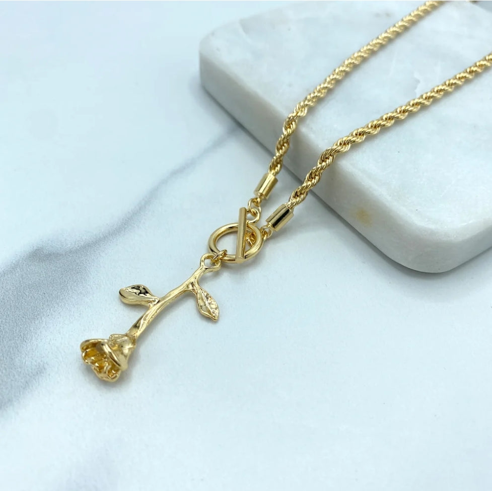 18K Gold Filled 2mm Rope Chain Necklace with Toggle Rose Closure