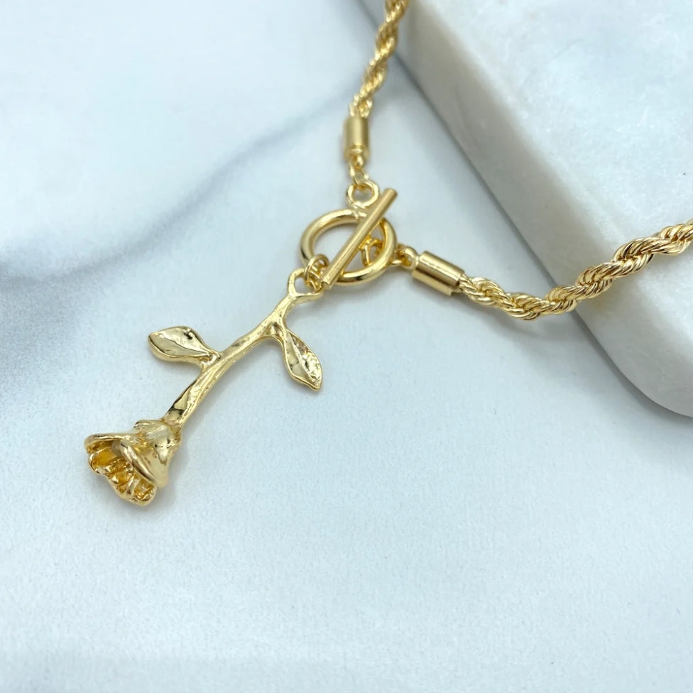 18K Gold Filled 2mm Rope Chain Necklace with Toggle Rose Closure