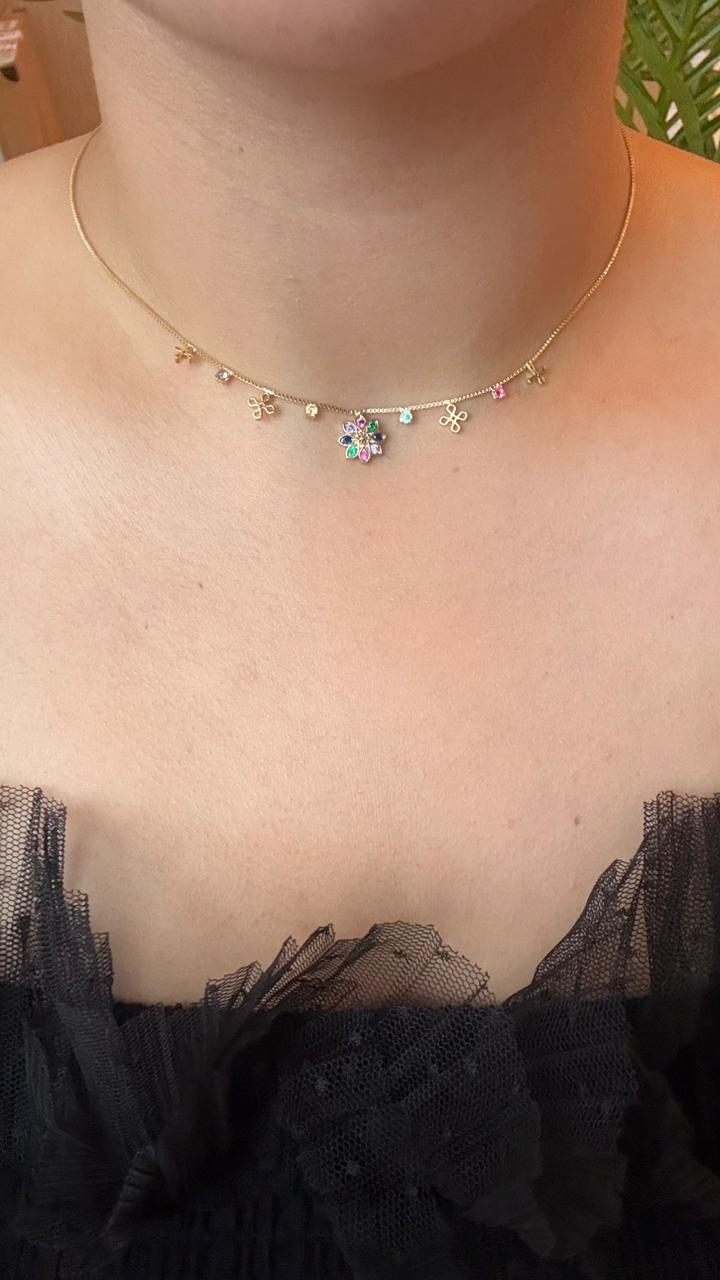 18K Gold Filled Box Chain Necklace with Cross Charms & Multi-Color CZ Flower