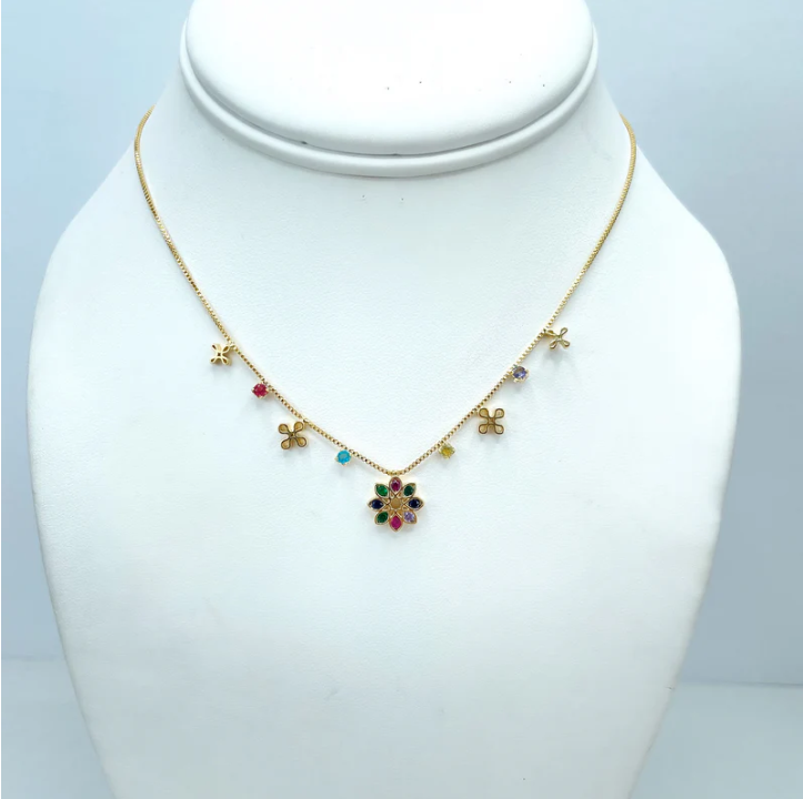 18K Gold Filled Box Chain Necklace with Cross Charms & Multi-Color CZ Flower