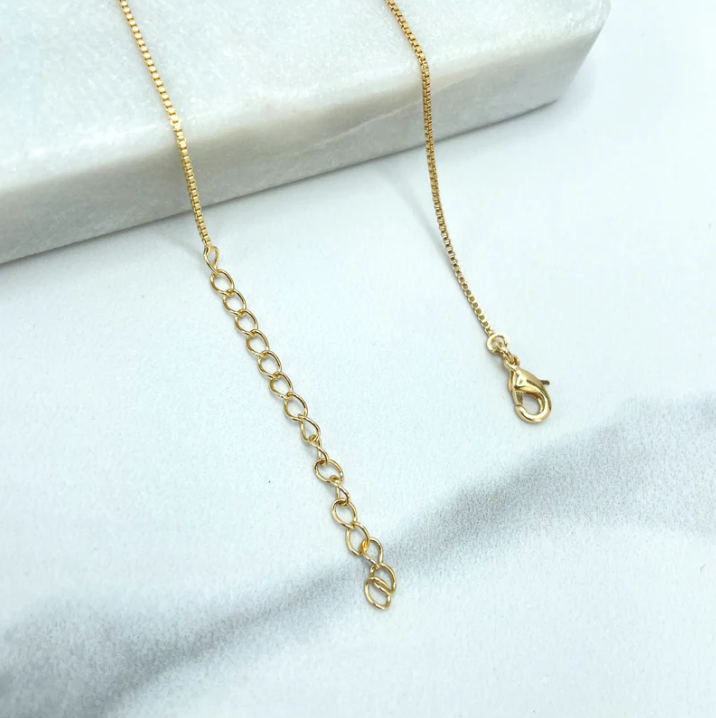 18K Gold Filled Box Chain Necklace with Cross Charms & Multi-Color CZ Flower