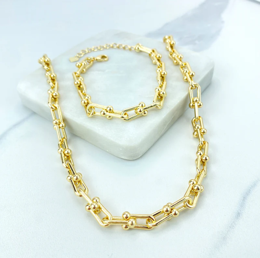 18k Gold Filled 7mm Polished U Shape Link Chain Necklace & Bracelet Set with Extender