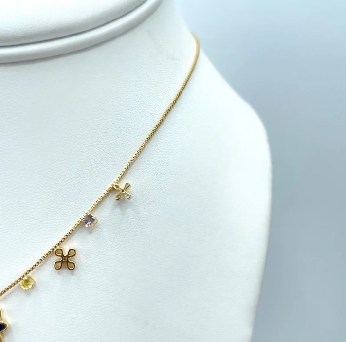 18K Gold Filled Box Chain Necklace with Cross Charms & Multi-Color CZ Flower
