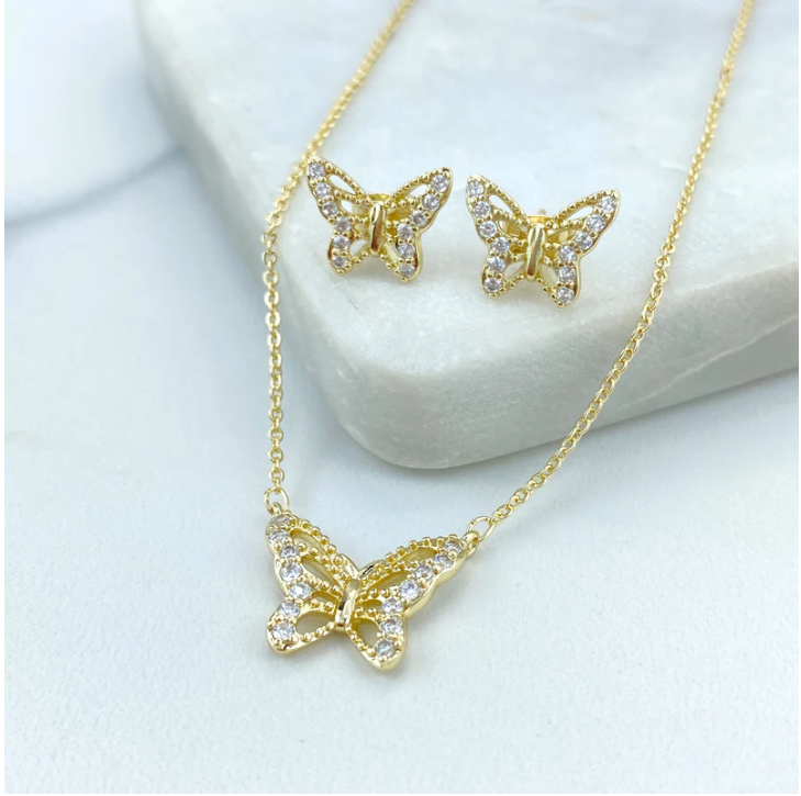 18K Gold Filled Micro CZ Butterfly Necklace & Earrings Set